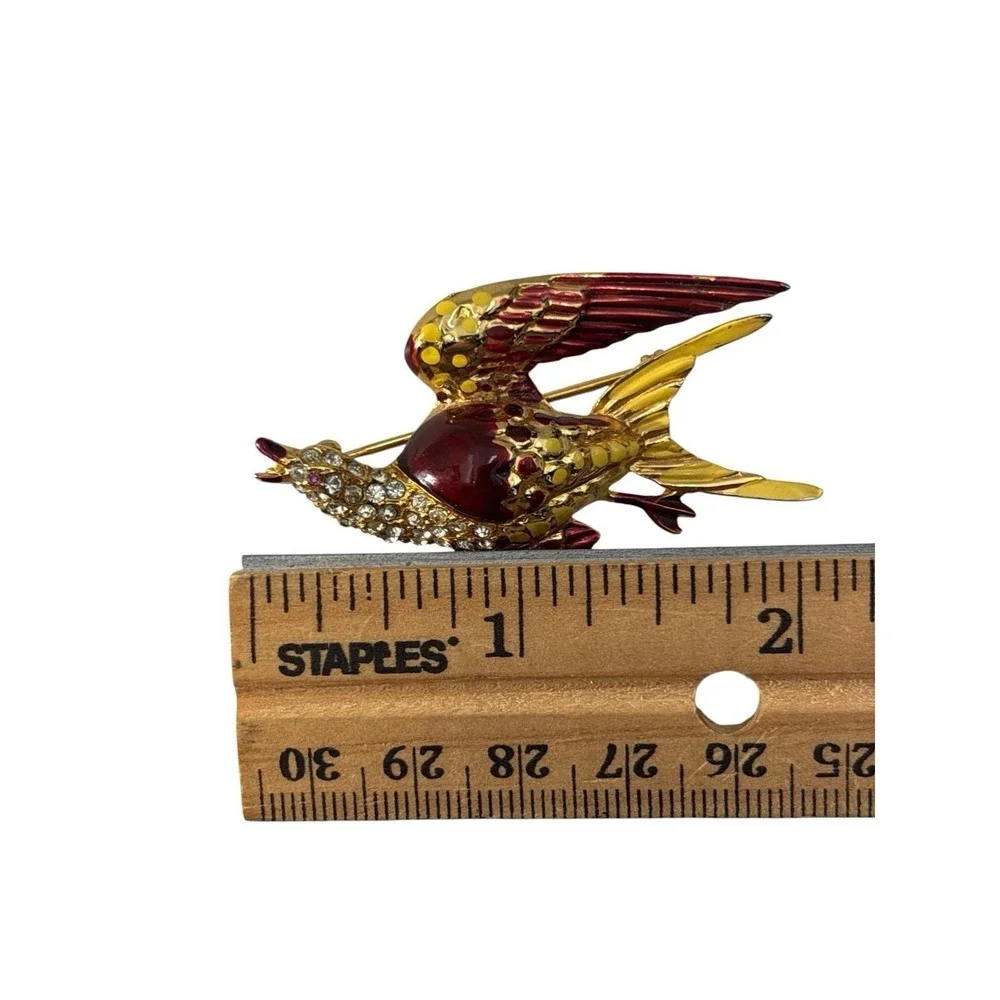 Vintage Gold Tone Red and Yellow Enamel Rhinestone‎ Fire Bird Brooch Pin